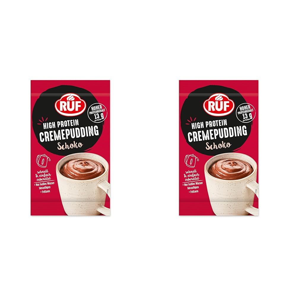 RUF High Protein Cremepudding Schoko, Schoko-Pudding aus der Tasse mit 13g Protein pro Portion, einfache Zubereitung ohne Kochen, glutenfrei, 1 x 59g (Packung mit 2)
