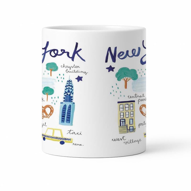 Image of New York City Travel Doodle Mug with Hand-Drawn Icons of Famous Landmarks Like The Chrysler Building, Central Park, and Taxis, Ideal for NYC Fans