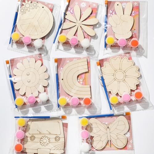 Saypacck 24 Pcs Groovy Boho Hippie Party Favors Wooden Painting Craft Kits Birthday Party Supplies with Organza Bag for Goodie Bags Fillers Adult Thank You Gifts