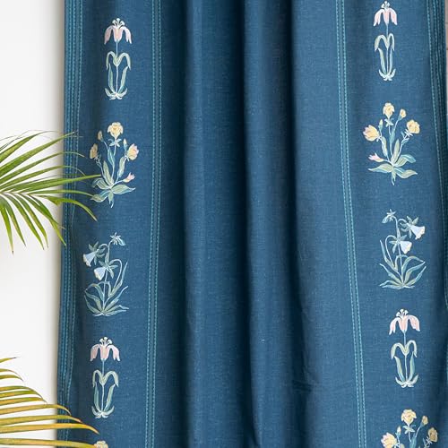Image of Tranquebar Curtain Co. Window Curtains 5 Feet, 60-65% Room Darkening,Multi Blue Gul Print, Cotton Curtains for Window, Cotton Curtains 5 Feet Long Set of 2, BackTab Loops,Gul (152 cm) - Set of 2