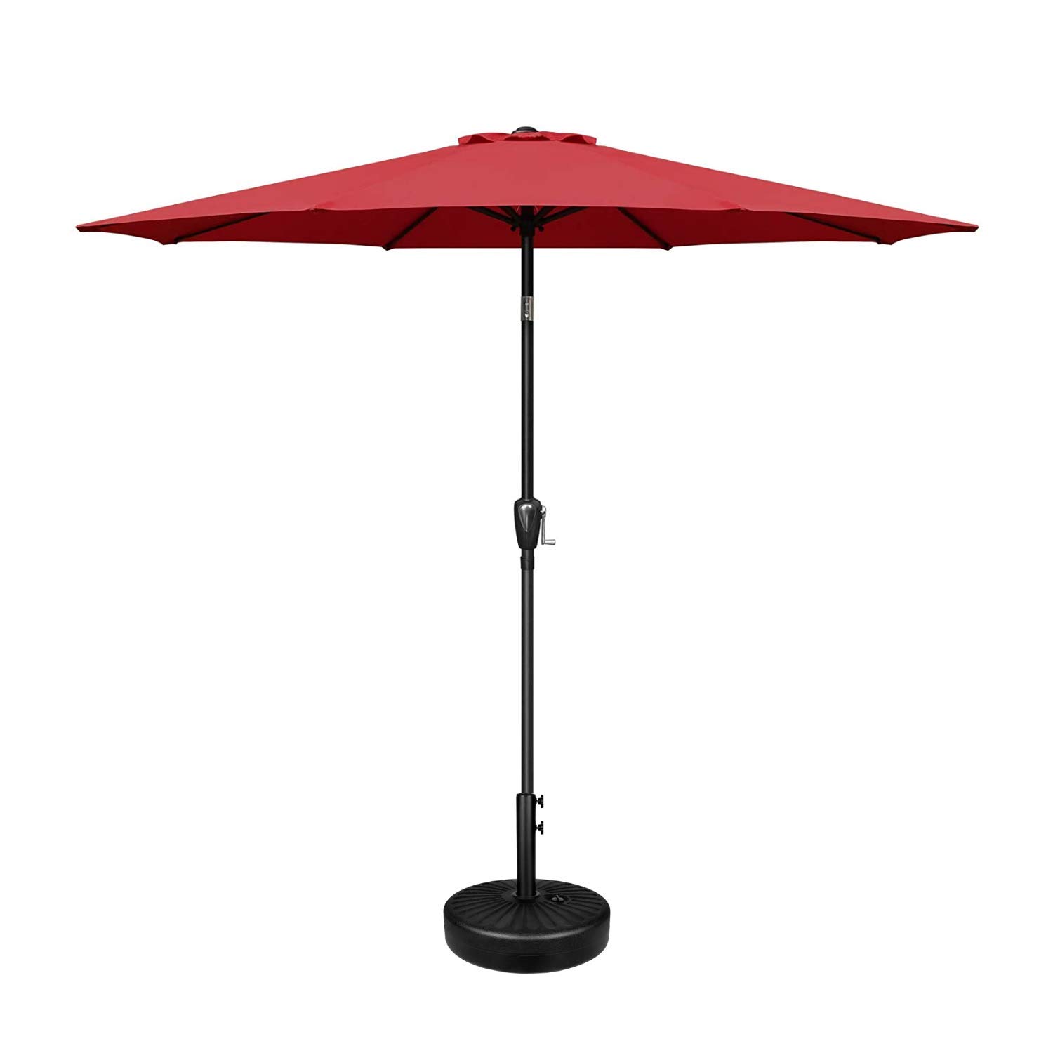 Simple Deluxe LGBRLA9REDBASERV1 9ft Market Table Patio Umbrella with Button Tilt, 8 Sturdy Ribs, 20" Round Water Filled Base Stand Included for Outdoor, Lawn, Garden, Backyard, Pool, Red