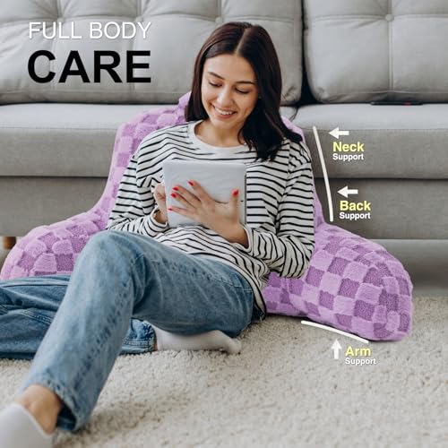 Image of Aimuan Reading Pillow Checkered Bed Rest Wedge Backrest Checkerboard Pillow with Arms Back Support for Sitting Up in Bed Cushion Incline Rest Sleeping Snoring Pillow, Purple Large