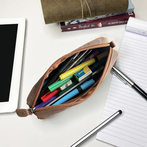 Image of RUSTIC TOWN Leather Pencil Case for Men & Women - Full Grain Leather Pen Pouch with Zipper, Handcrafted Pencil Pouch Organizer for Office, School & Travel