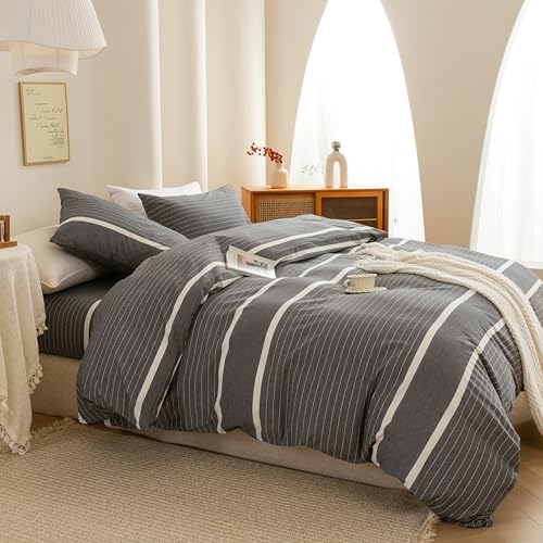 Image of ECOCOTT Duvet Cover Set, 100% Washed Cotton Linen-Like Textured Soft & Breathable, Durable Comfy Bedding Set for All Seasons California King Size, Grey Stripes