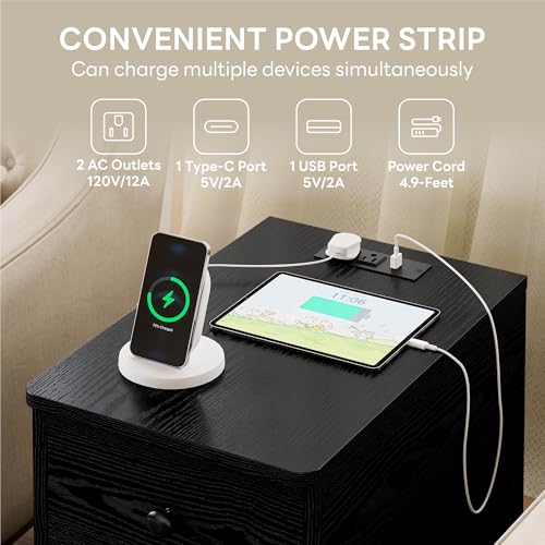 Image of LIKIMIO Nightstand with Charging Station, Narrow Bedside Table with 3 Drawers, End Table with USB Ports and Outlets, Side Table for Living Room /Bedroom Modern
