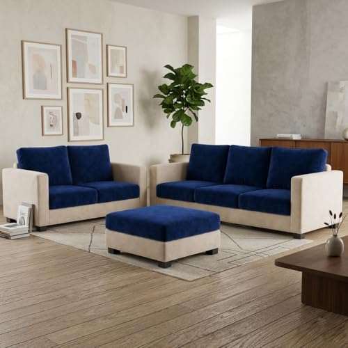Image of FURNY Haster 3 Seater + 2 Seater Fabric Sofa Set with 1 Ottoman (Dark Blue-Cream) with Velvet Finish | Durable Comfort | Ideal for Living Room
