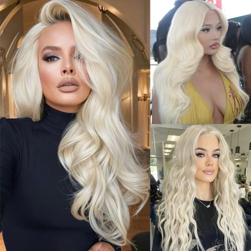 Image of 26 Inch Platinum Blonde Lace Front Wig Human Hair 13x6 HD Transparent Lace Frontal Pre Plucked 180% Density Wear and Go Glueless Wigs 6 Inch Deep Parting Brazilian Real Remy White Blonde Wig for Women