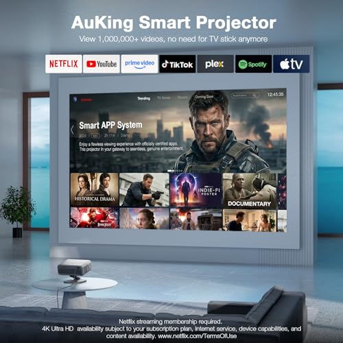 Image of [Now with Netflix & 4000 ANSI] 4K Projector with WiFi and Bluetooth,TOF Real-Time Auto Focus Projector, AuKing Outdoor Movie Home Proyector with Omni-Adjustable Stand(silver grey)