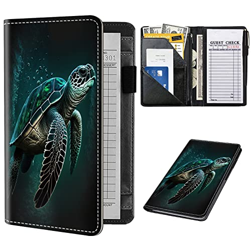 Server Book for Waitress,Leather Waitress Book Organizer with Zipper Pocket Waiter Book Server Wallet Fit Server Apron and Guest Check Books for Servers Waitress Notepad,Cute Green Sea Turtles
