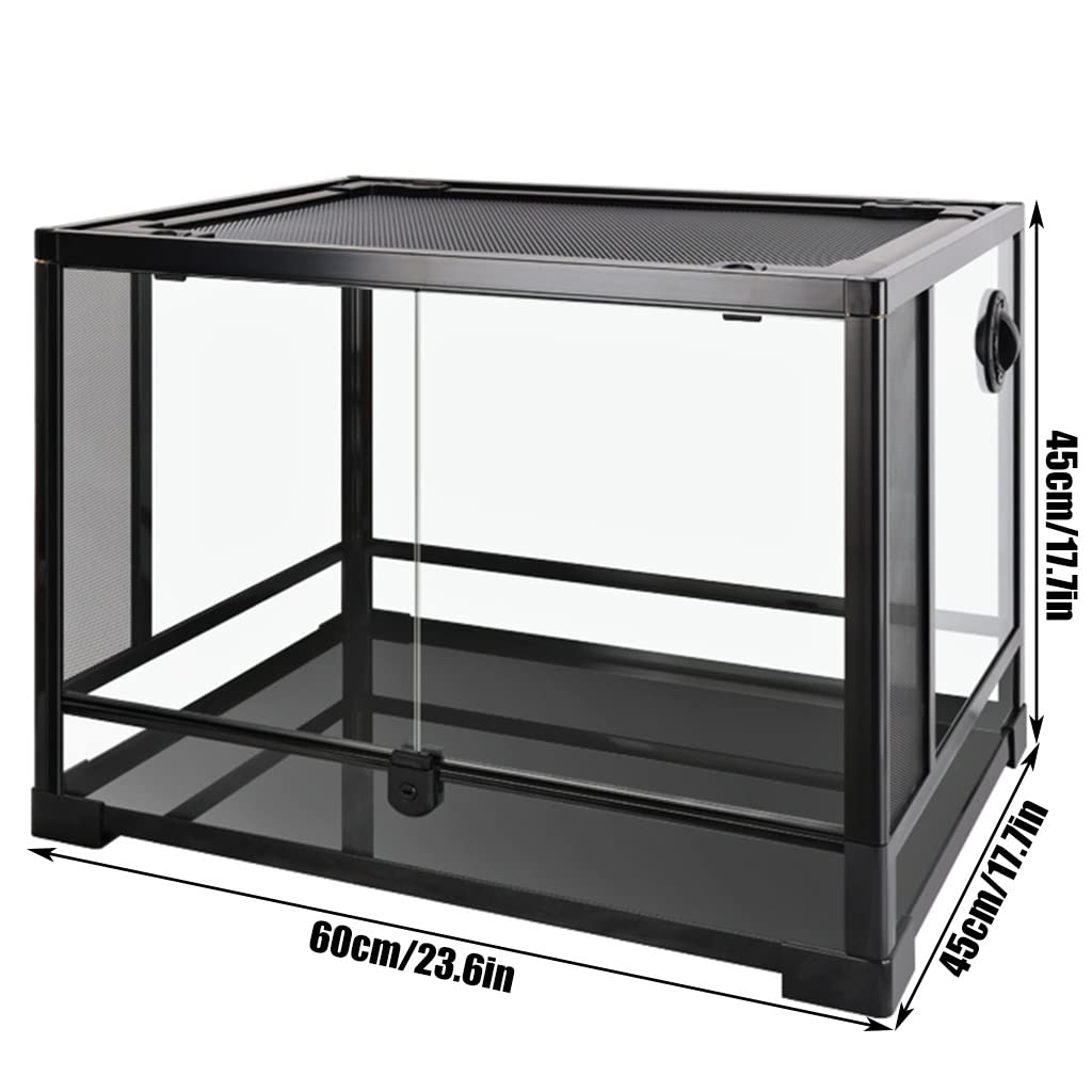 Terrario de vidrio grande para reptiles, anfibios, caja de cría de hábitat de vidrio, pantalla superior con vista completa, ventilación y diseño de bloqueo de seguridad para pequeños (negro 60x45x45cm
