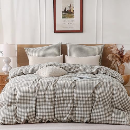 TOCOMOA Ropa de cama de 135 x 200 cm, a cuadros, 2 piezas, 100 % algodón lavado, color beige, aspecto de lino y transpirable, ropa de cama con cremallera, 1 funda nórdica y 1 funda de almohada de 80 x