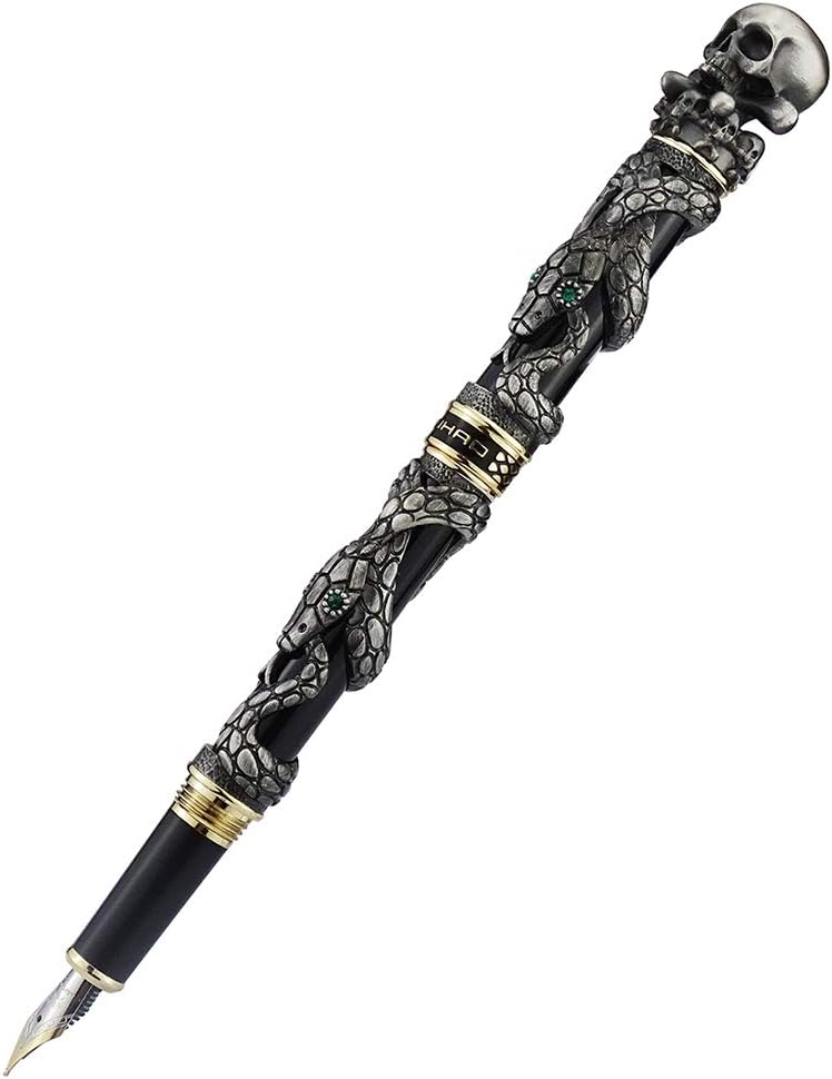 Jinhao Snake Fine Nib Fountain Pen with Skull Pen Cap, Vintage Gray Collection Gift Pen