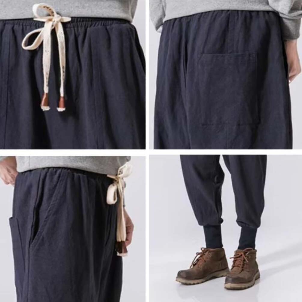 Męskie lekkie i luźne japońskie lniane spodnie haremki, rozciągliwe, luźny krój, styl joggingu, rozmiary S-5XL (granatowe, XXL)