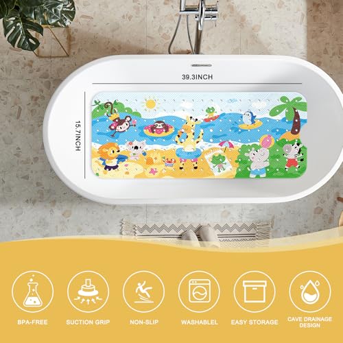 Image of PRATIQUE Kids Bath Mat for Tub Non Slip,40 X 16 Inch Extra Long Kids Bathtub Mat Seaside Zoo Bathtub Shower Mat Safety Anti Slip with Suction Cups and Drain Holes, Machine Washable