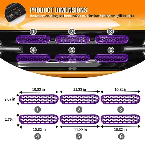 Image of Jimen Compatible with Ford Bronco 2021-2023, 6PCS Front Grille Inserts Mesh Grill Cover Exterior Trim Accessories (Purple)