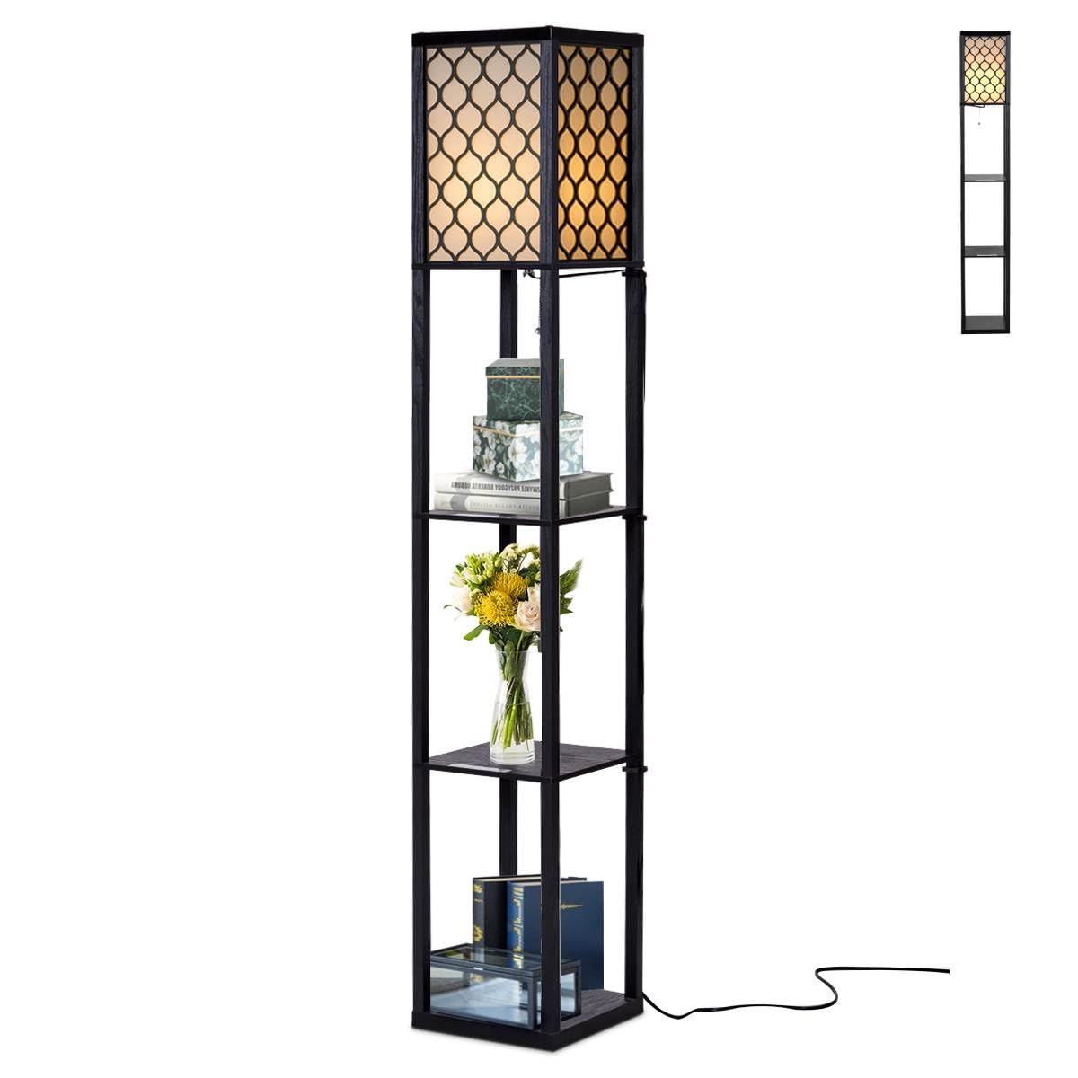 GiantexUK Floor Lamp with Shelves, 3 Layers Tall Standing Light, Modern Reading Lamp for Living Room Bedroom Office (with Grid Patterns)