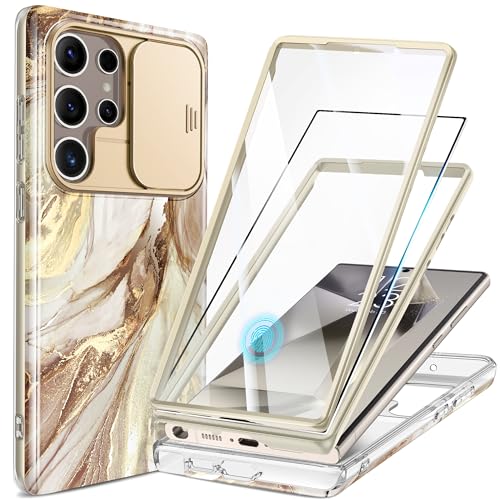 Image of GVIEWIN for Samsung Galaxy S24 Ultra Case, [Slide Camera Cover & Built-in HD Screen Protector] [2 Front Frames] Shockproof Military Grade Protective Marble Phone Case for S24 Ultra 6.8 inch(Topaz /Grey)
