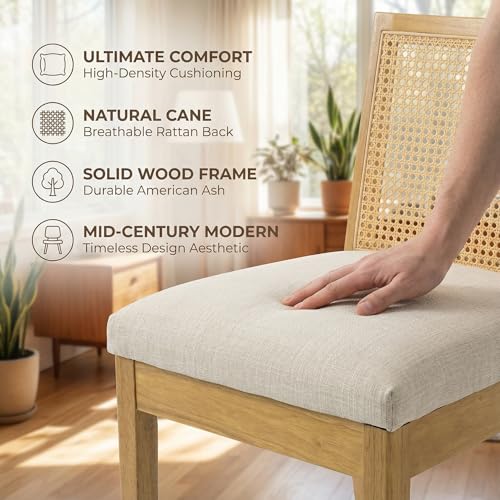 Image of HNY Farmhouse Rattan Dining Chairs Set of 4, Natural Solid Hardwood Frame, Upholstered Linen Seat, Ergonomic Cane Back Dining Room Chairs for Kitchen, Dining Room, Apartment, Beige