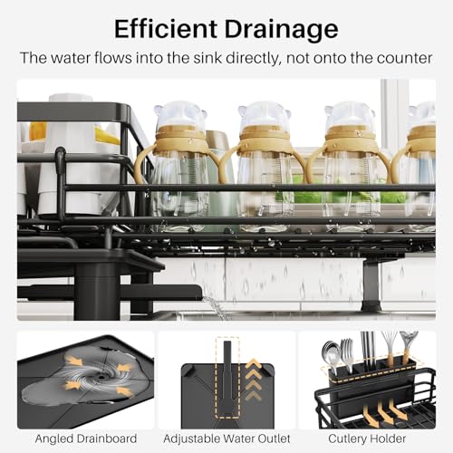 Image of SNTD Dish Drying Rack - Extendable Dish Rack, Large Sink Drying Dish Drainer for Kitchen Counter, Stainless Steel Dish Strainer with Utensil Holder (Black)