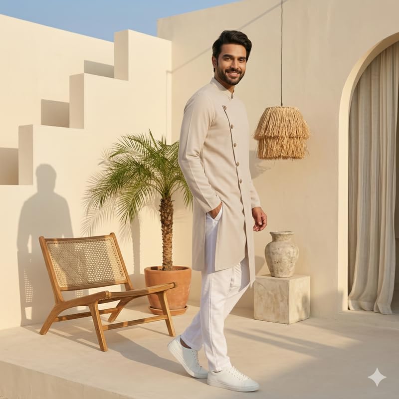 Image of OOMPH! Men's Ethnic Traditional Asymmetric Kurta Polycotton Regular Fit | High Neck Full Sleeves | Traditional Indian Festive Kurta | Stylish Casual and Wedding