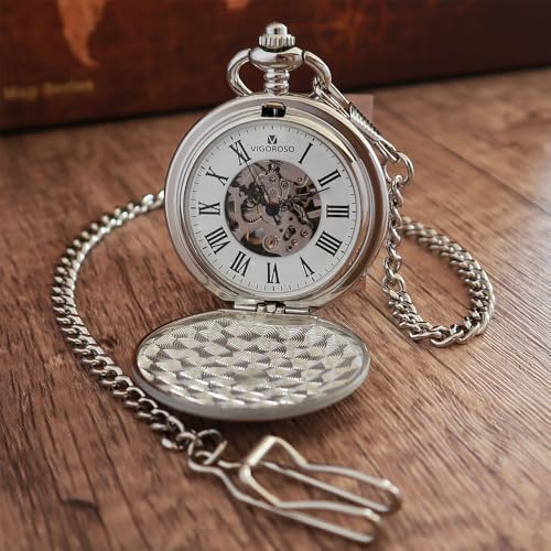 Image of VIGOROSO Vintage Floral Bird Manual Mechanical Pocket Watch for Men & Women - Elegant Wind Up Pocket Watches Skeleton with Chain & Gift Box