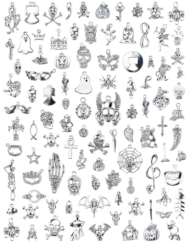 JIALEEY Wholesale Bulk Lots Hallowmas Skull Skeleton Charms Mixed Silver Plated Halloween Mask Charms Pendants DIY for Jewelry Making and Crafting, 100 PCS Hallowmas Style