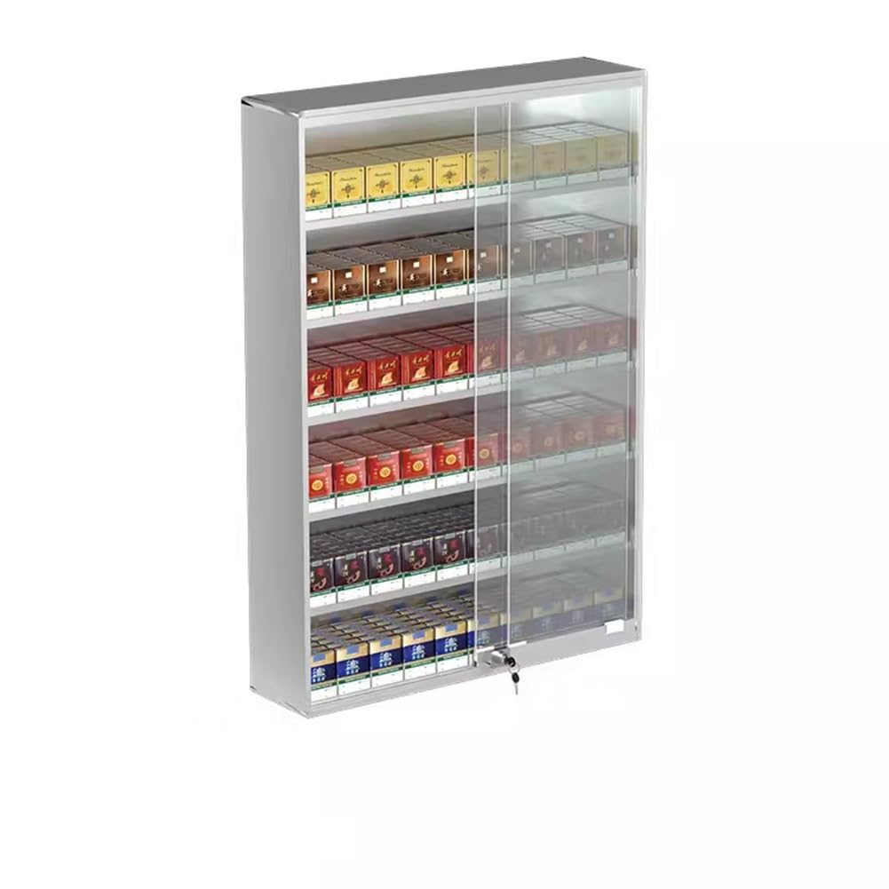 Rygcrud Aluminium Zigaretten-Vitrine, Zigarettenschrank - Tür Aus Gehärtetem Glas Mit Schlossschlüssel, Wandmontiert Zigarettenregal-Vitrine, Einzelhandels-Vitrine(62.5x17.3x90cm)