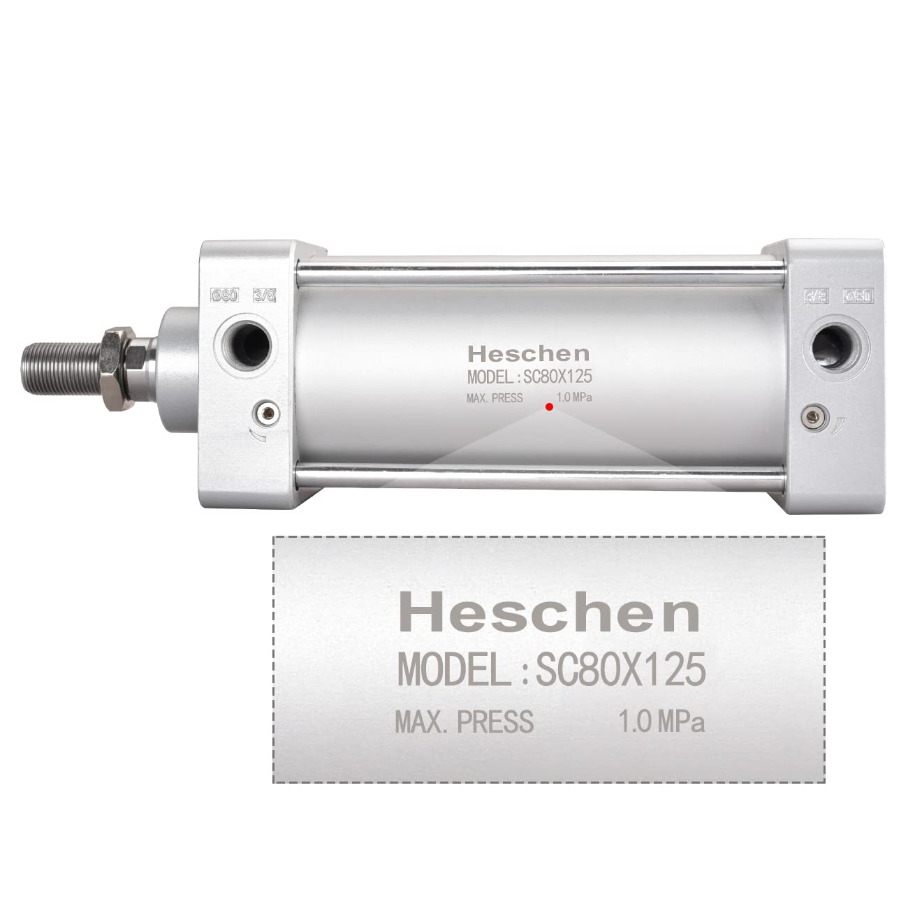 Heschen Cilindro neumático estándar, SC 80-125, PT3/8'' Puerto, 80mm diámetro, 125mm Carrera, Doble Efecto