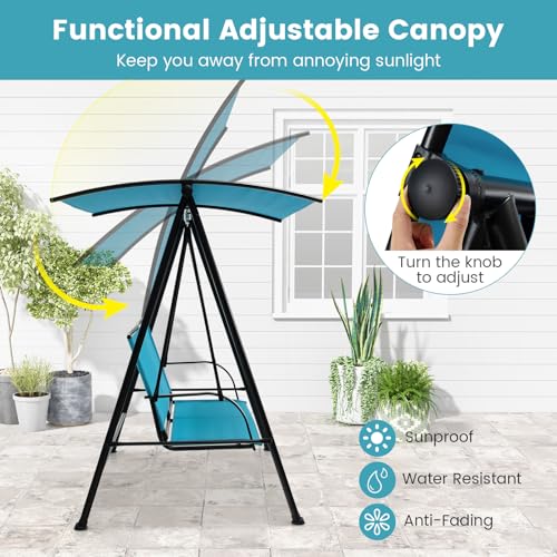 Image of HAPPYGRILL Outdoor Patio Swing for 2 Person, Porch Swing Chair w /Adjustable Canopy, Heavy-Duty Metal Frame, Breathable Seat Fabric, Patio Loveseat Swing for Backyard, Balcony, Poolside