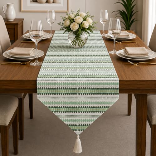 Image of STITCHNEST Woven Table Runner 13x72 Inches | Green Geometric Design | Tassel Finish | Modern Dining Table Decor