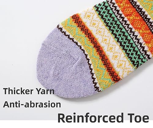 Image of 5-Pairs Vintage Knitting Stripe Reindeer Wave Pattern Women's Fluffy Cute Crew Socks Warm Soft Cotton Calf Socks