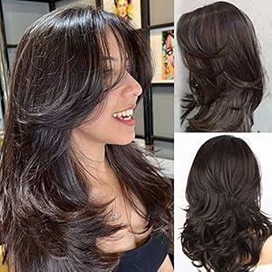 LEOSA Long Layered Wigs for Women Dark Brown Layered Cut Wig Hair Extension Natural Wave Hair Wig for White Women16Inch Fashion Hair Soft Synthetic Hair Replacement Wig (16Inch, Dark Brown#)