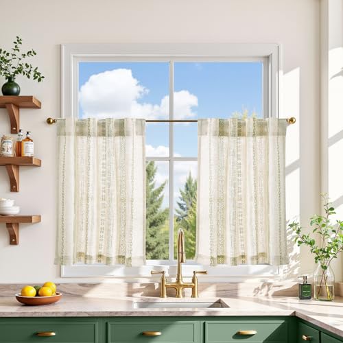 jinchan Liora Green Boho Linen Tier Curtains 24 Inches Back Tab 2 Panels