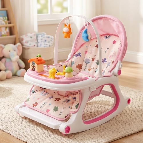 Image of StarandDaisy Dreamy Baby Rocker Chair with Play Tray, Mosquito Net & Toy Bar | Adjustable Recline, 3-Point Safety Harness | Infant Rocking Seat, Feeding Chair for Newborns & Toddlers 0-3 Years (Pink)