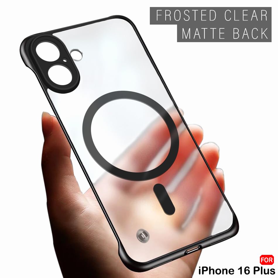 Image of TheGiftKart Hybrid Ultimate Slim Back Case Cover for iPhone 16 Plus Compatible with Magsafe | Lightweight Profile | Frosted Matte Translucent Hard Back Cover for iPhone 16 Plus (PC & TPU, Black Sides)