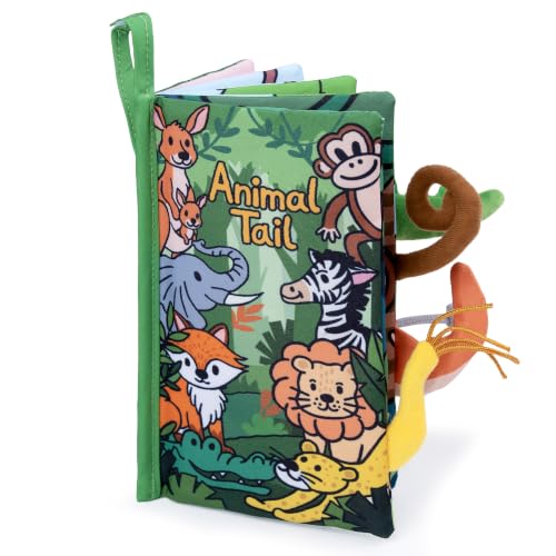 HECCEI Baby Spielzeug Stoffbuch Fühlbuch Knisterbuch ab 0 3 6 Monate mit Schwanz Baby Buch Quiet Book Geschenk für Jungen Mädche (Dschungel Babybuch)