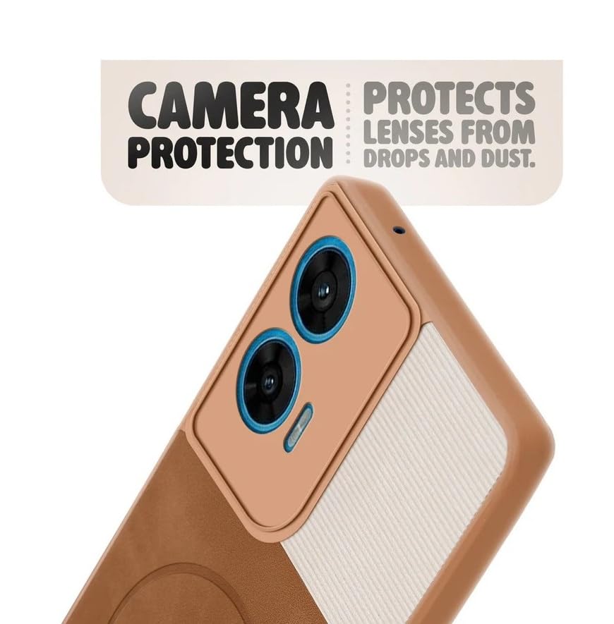 Image of Bintage Mac Safe Design Hard Slim Back Case | Soft Border Camera Protect | Dual PU Leather Finish Back Cover Compatible for Motorola G45 5G - White & Brown