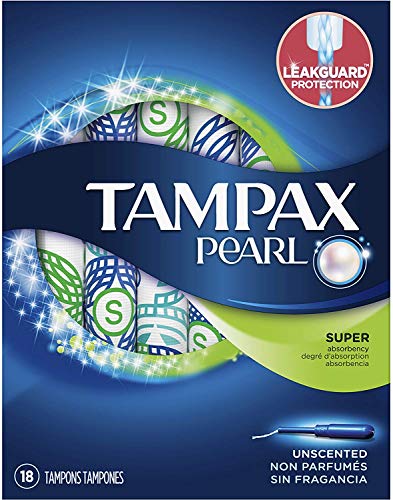 Tampax Pearl Plastic, Super Absorbency, Unscented Tampons, 18 Count, Multicolor
