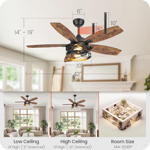 Image of 42 Inch Farmhouse Ceiling Fan with Lights and Remote, Timer, Dual Finish 5 Blades (Rustic Brown and Oak), 6 Speeds, Reversible DC Motor, Rustic Brown Caged Ceiling Fan for Bedroom FB04CF4205