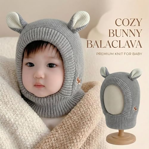 Image of Kraptick Winter Warm Ear Protection Knitted Woolen Unisex Baby Cap with Cute Animal Ears, Soft Fleece Lined Knit Hat with Ear Flaps, Stretchable Monkey Cap for Cold Weather -1