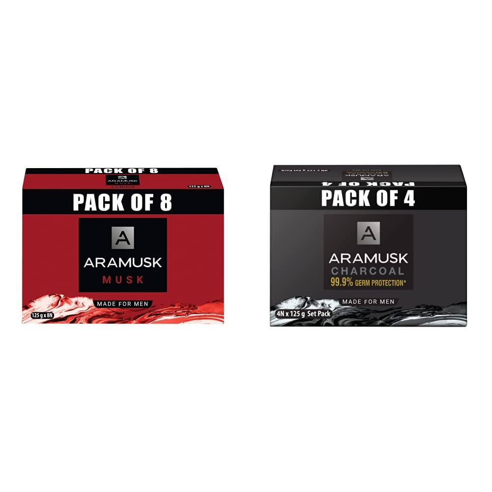 Aramusk Musk Soap, 125G(Pack Of 8) & Charcoal Soap, 125 G (Pack Of 4)