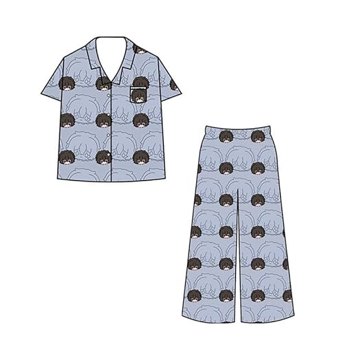 QAHEART 2PCS Anime BSD Pajamas Set Dazai Osamu Cosplay Sleepwear Summer Short Sleeve Sleep Tee Active Shorts Capri Pants Suit - Tee + Capri Pants - Large