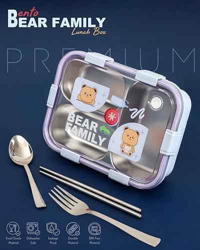 Image of Brand Conquer Lunch Box Leak-Proof BPA Free Stainless Steel for School, Lunch Box for School & Office with a Fork, a Spoon and a Pair of Chopsticks (Purple, Bear Family 3 Compartment)