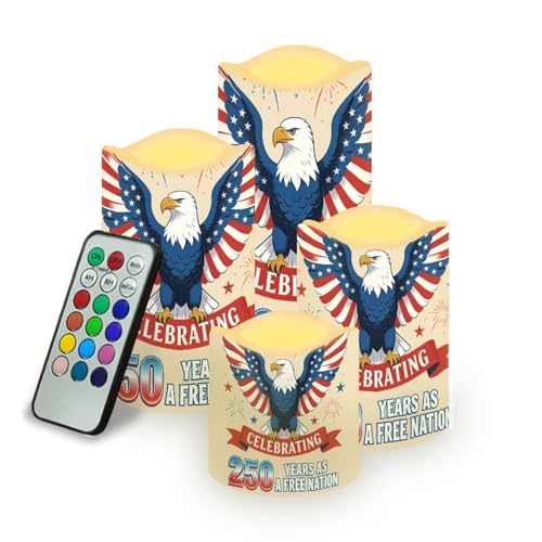 Image of A Free Nation Flickering Flameless Candles Bald Eagle LED Battery Operated Timer 250th American Anniversary Candle Warmer Lamp Celebrate 4th of July Independence Day, 4 Pack