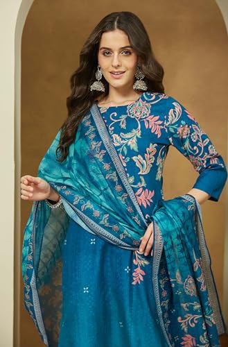 Image of Janasya Women's Cotton Blend Floral Printed Straight Kurta Set
