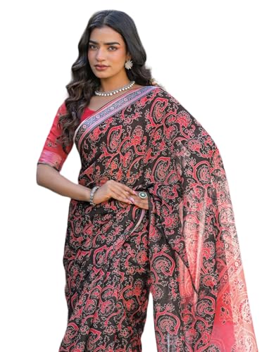 Image of SIRIL Women's Printed Cotton Saree with Unstitched Blouse Piece