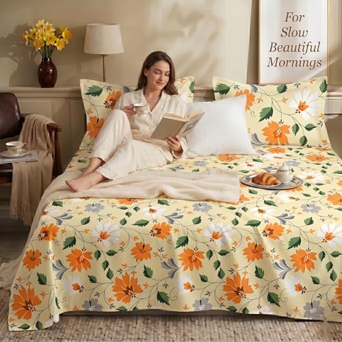 Image of BSB HOME 240 TC Cotton Bedsheet with 2 Pillow Covers, Soft Breathable Floral King Size Flat Bed Sheet - 90 x 100 Inches (228 x 254 cm) (Burnt Orange)