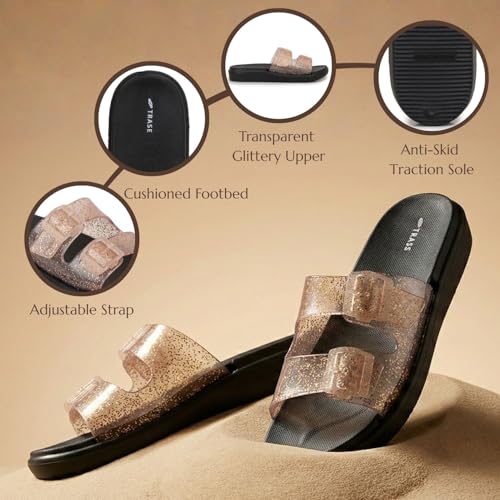 Image of TRASE Women's Glitter Slide Slippers| Double Strap Flat Slippers With Soft Cushioned Sole | Lightweight, Comfortable And Waterproof Slip-on Chappal | Stylish Daily And Casual Use Flip Flops
