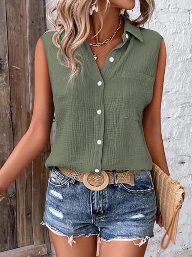 Image of GLASGO Women's 100% Cotton Sleeveless Button Down Shirt | Casual Summer Collared Tank Top | Soft Breathable Fabric Stylish Piece