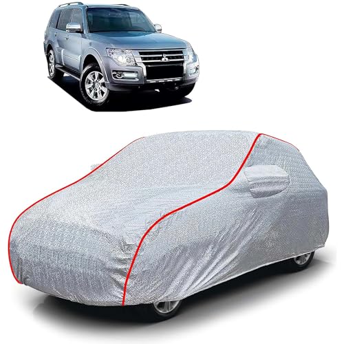 Image of Sulfar 100% Waterproof Car Body Cover Compatible with Mirror for Mitsubishi Montero (Triple Stitched, Full Bottom Elastic, Magic Silver with Red Piping)